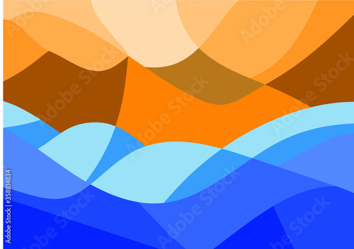 Geometric Mountain and Sunset Background  translucent waves, sea, abstract glass shapes, modern background, Trendy vector Illustration for Wallpaper, Banner, website , Card, Book Illustration, landing