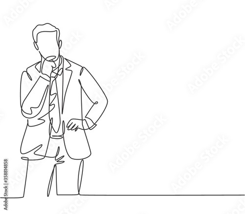 One single line drawing of young startup founder standing and thinking about business strategy for office meeting. Business ideas concept continuous line draw graphic design vector illustration