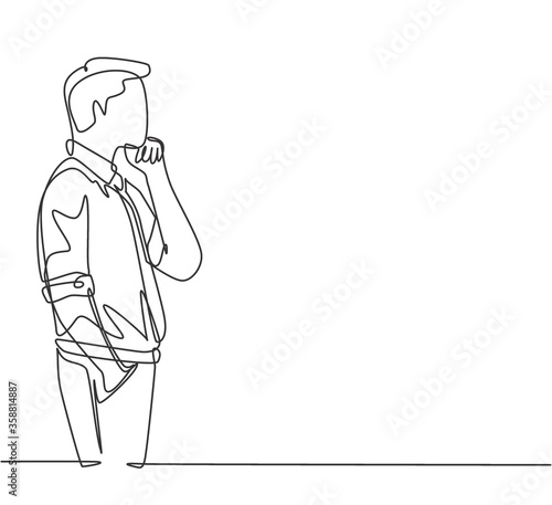 One single line drawing of young male worker seriously staring out of the window from the office building. Focus thinking company growth concept continuous line draw design vector graphic illustration
