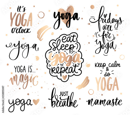 Yoga golden quotes collection. Slogan set about calm, breath, meditation.