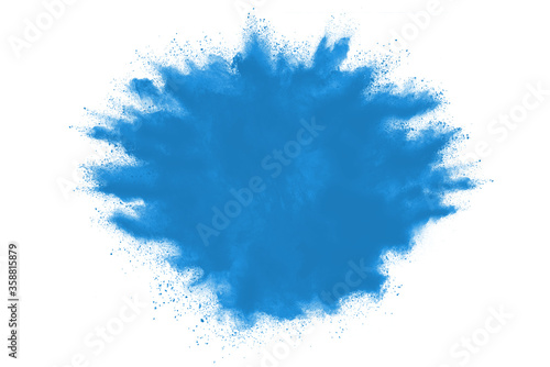 Blue powder explosion isolated on white background.