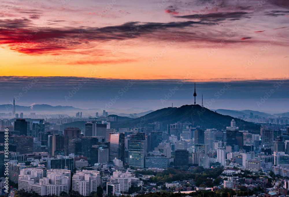 sunrise over the city at Seoul, South Korea