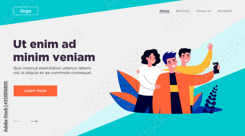 Selfie with friends flat vector illustration. Cartoon happy people smiling and taking group portrait photo. Friendship and technology concept