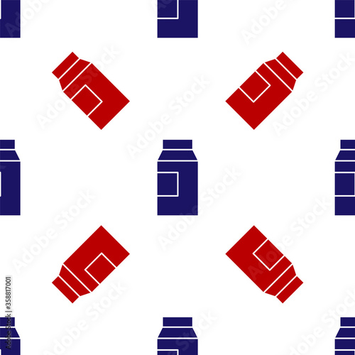 Blue and red Paper package for milk icon isolated seamless pattern on white background. Milk packet sign.  Vector