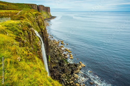 Kilt Rock pattern of sedimentary and igneous rocks and Mealt Waterfall, a famous sightseeing location of Isle of Skye, Scotland