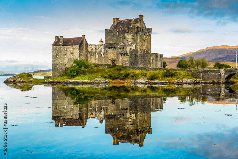 Reflection of Eilean Donan Castle in the morning - Dornie, Scotland - United Kingdom