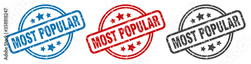 most popular stamp. most popular round isolated sign. most popular label set photo