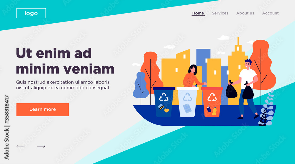 Positive man and woman sorting waste. Volunteers, trash bin, garbage collecting flat vector illustration. Recycling, separation, volunteering concept for banner, website design or landing web page Positive man and woman sorting waste. Volunteers, trash bin, garbage collecting flat vector illustration. Recycling, separation, volunteering concept for banner, website design or landing web page