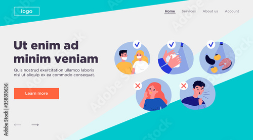 Coronavirus protection tips. People wearing masks, washing hands, coughing, suffering from flu symptoms. Vector illustration for 2019-ncov spreading, health, safety concept