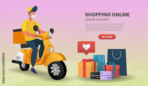 Online Shopping templates service for food and package online shopping delivery service with motorcycle. 3d vector illustration.