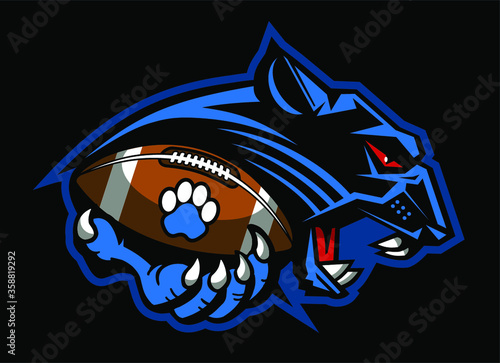 panther football mascot holding ball in claw for school, college or league