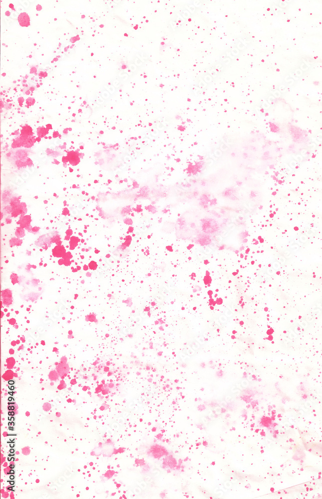 Pink splashes, dots and spatters on a white background. 