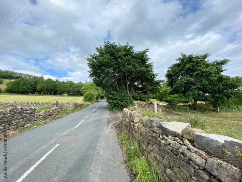 A country lane, with dry stone walls, trees, and fields in, Baildon, Bradford, UK photo