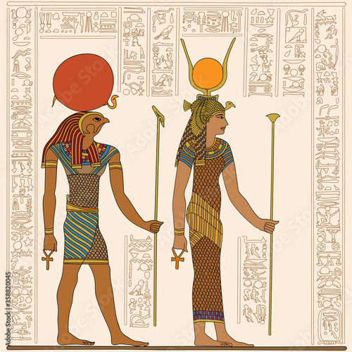 Ancient Egyptian papyrus depicting two figures with scepter in their hands. Hieroglyphs signs and symbols on the wall.