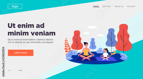 Happy mom and daughter practicing yoga in park. Woman and girl training outdoors. Flat vector illustration for family activity, outdoor workout, fitness, leisure concept