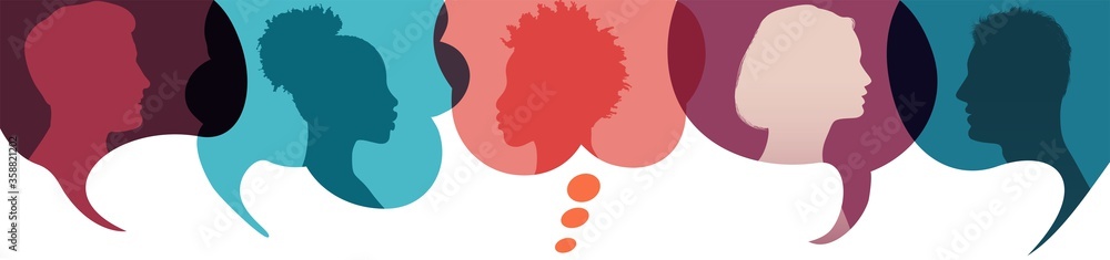 Speech bubble.Silhouette heads people in profile. Diversity people.Talking dialogue and inform.Communicate between a group of multiethnic and multicultural people who talk and share ideas