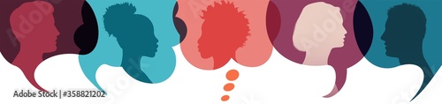 Speech bubble.Silhouette heads people in profile. Diversity people.Talking dialogue and inform.Communicate between a group of multiethnic and multicultural people who talk and share ideas