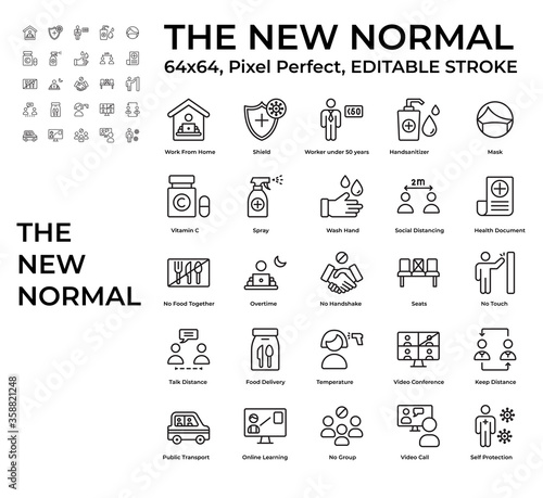 Simple Set of The New Normal, Coronavirus Disease 2019 Covid-19 Line Icons such Icons as work from home, mask, self protection, vitamin C. 64x64 Pixel Perfect Editable Stroke Vector.