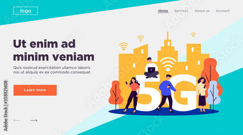 Young citizens using digital gadgets. Laptops an cellphones users using 5G high speed wireless internet connection. Vector illustration for interaction, telecom, wi-fi, smart city concept