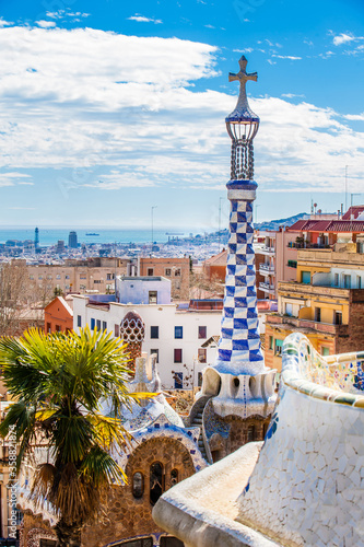 Barcelona city seen from the famous Park Guell built by Antoni Gaudi in Barcelona city in Spain