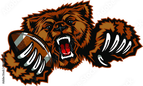 bears or grizzlies football mascot holding ball in claw for school, college or league
