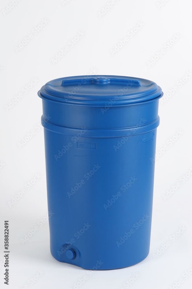 Plastic blue barrel with a large lid, container, for liquids, on a white background Plastic blue barrel with a large lid, container, for liquids, on a white background