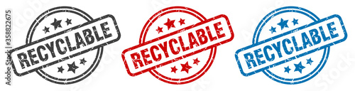 recyclable stamp. recyclable round isolated sign. recyclable label set