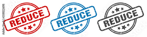 reduce stamp. reduce round isolated sign. reduce label set