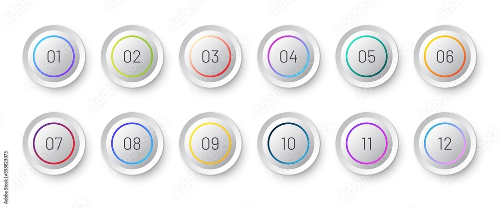 White circle 3d icon set with number bullet point from 1 to 12. White circle 3d icon set with number bullet point from 1 to 12.
