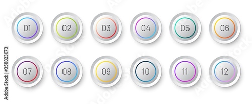 White circle 3d icon set with number bullet point from 1 to 12. 