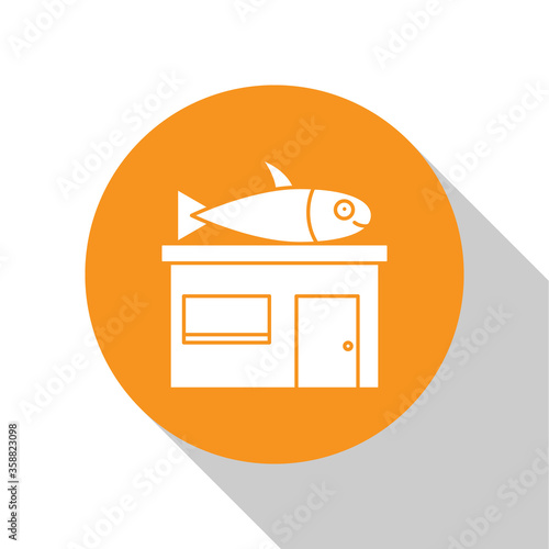 White Seafood store icon isolated on white background. Facade of seafood market. Orange circle button. Vector.