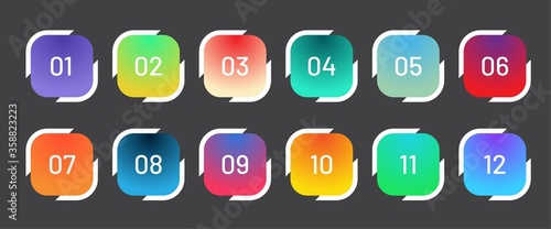 Modern square bullet points set 1 to 12. Colorful gradient web icons template.