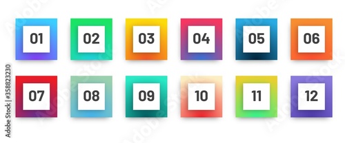 Modern square bullet points set 1 to 12. Colorful gradient web icons template.
