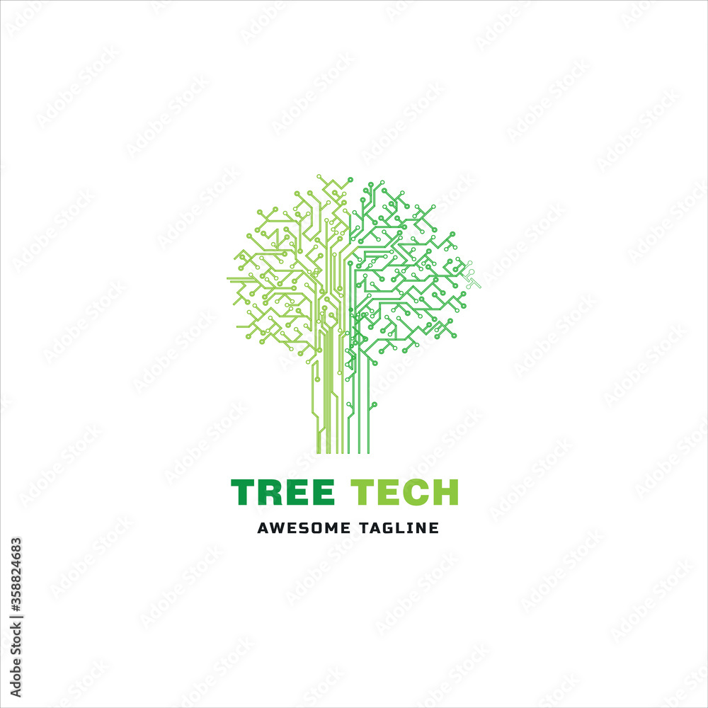 Creative idea of tech tree logo design. Tree-shaped tech logo design template. Design inspiration from the tree logo technology