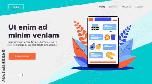 Food order application. Online chat interface with products and takeaway drink icons flat vector illustration. Service, food delivery concept for banner, website design or landing web page