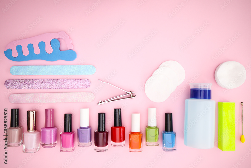 Nail and manicure accessories on pastel pink background. Nail and manicure accessories on pastel pink background.