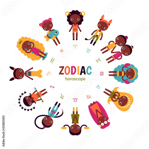 Zodiac horoscope set. Aries, Taurus, Gemini, Cancer, Leo, Virgo, Libra, Scorpio, Sagittarius, Capricorn, Aquarius, Pisces. Vector cartoon illustrations of African American people