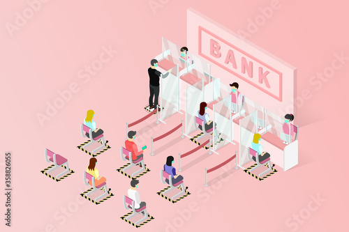 New normal isometric, Signs social distancing queues of people line at the bank counter, people wear face shield and face mask, Installing Plexiglas guards or sneeze guards to combat COVID-19.