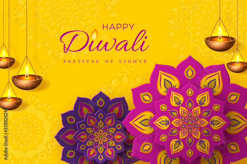 Diwali festival holiday design with paper cut style of Indian Rangoli and hanging diya - oil lamp. Purple color on yellow background. Vector illustration.