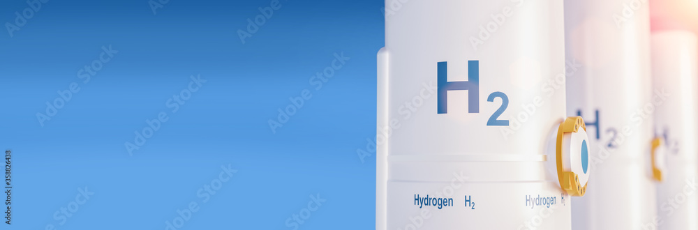 Hydrogen renewable energy production - hydrogen gas for clean electricity solar and windturbine facility. 3d rendering. Hydrogen renewable energy production - hydrogen gas for clean electricity solar and windturbine facility. 3d rendering.