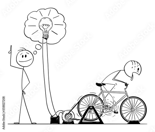 Vector cartoon stick figure drawing conceptual illustration of creative man or businessman taking credit of idea powered by work of employee on bicycle power generator.