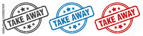 take away stamp. take away round isolated sign. take away label set