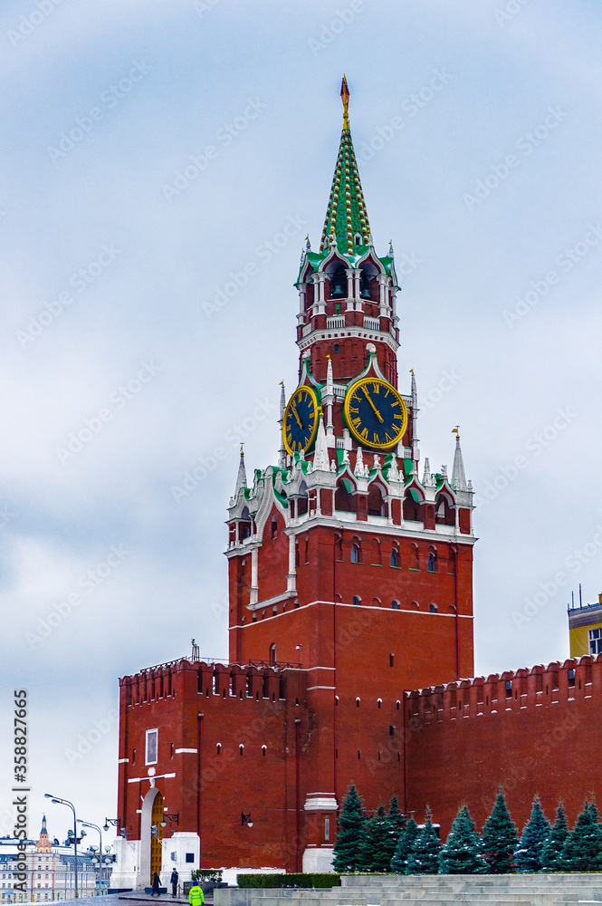 It's Savior tower of Kremlin on the Red Square in Winter