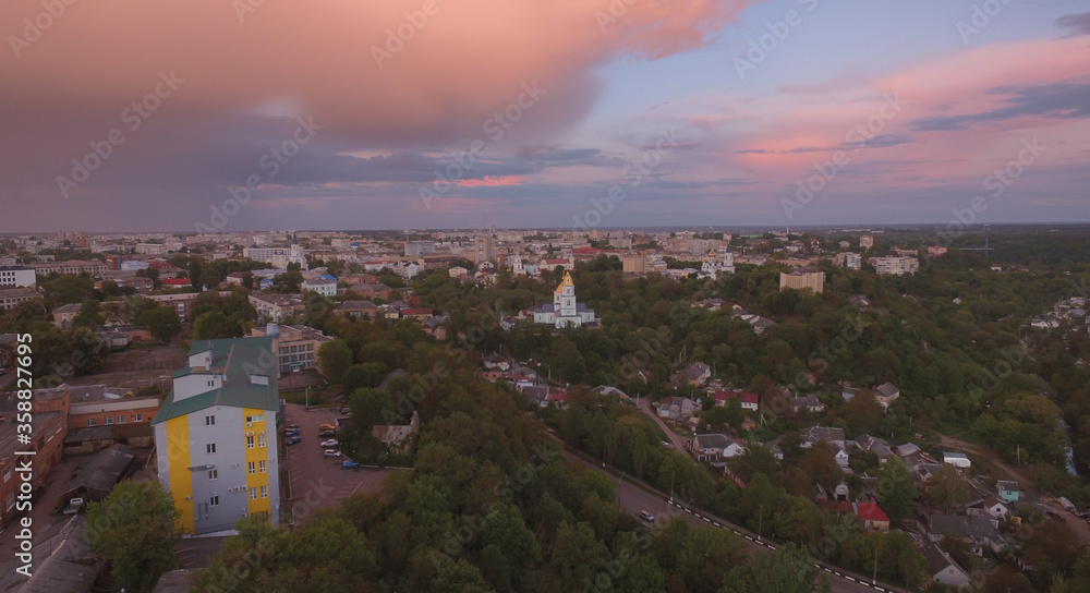 aerial city construction site near orthodox church at urban landmark