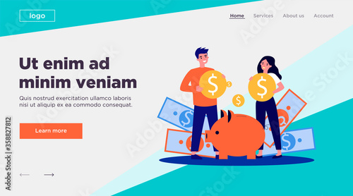 Young family investing money for future flat vector illustration. Man and woman saving finances on deposit for house. Economy and financial independence concept.