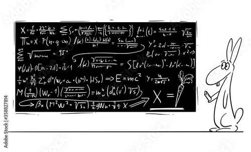 Vector cartoon stick figure drawing conceptual illustration of rabbit, jackrabbit or hare solving complex mathematical equations on black board with carrot as result. Concept of education and science.