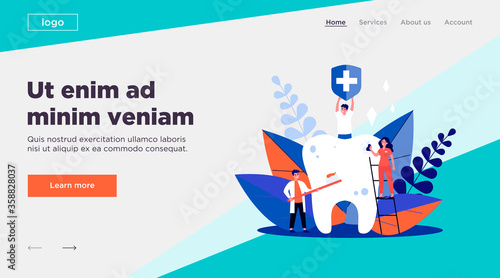 Tiny people cleaning big tooth flat vector illustration. Man holding banner with medical symbol. Doctor and dentist brushing teeth with toothbrush. Stomatology and healthcare concept.