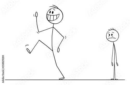 Vector cartoon stick figure drawing conceptual illustration of happy smiling man, employee, worker or customer leaving sad depressed man, employer or businessman in background.