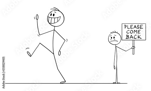 Vector cartoon stick figure drawing conceptual illustration of happy smiling man, employee, worker or customer leaving sad depressed man, employer or businessman in background holding please come back