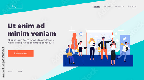 Deadline failure and office chaos concept. Angry furious boss shouting at employees, throwing papers, puzzled office workers in hurry and panic. Flat vector illustration